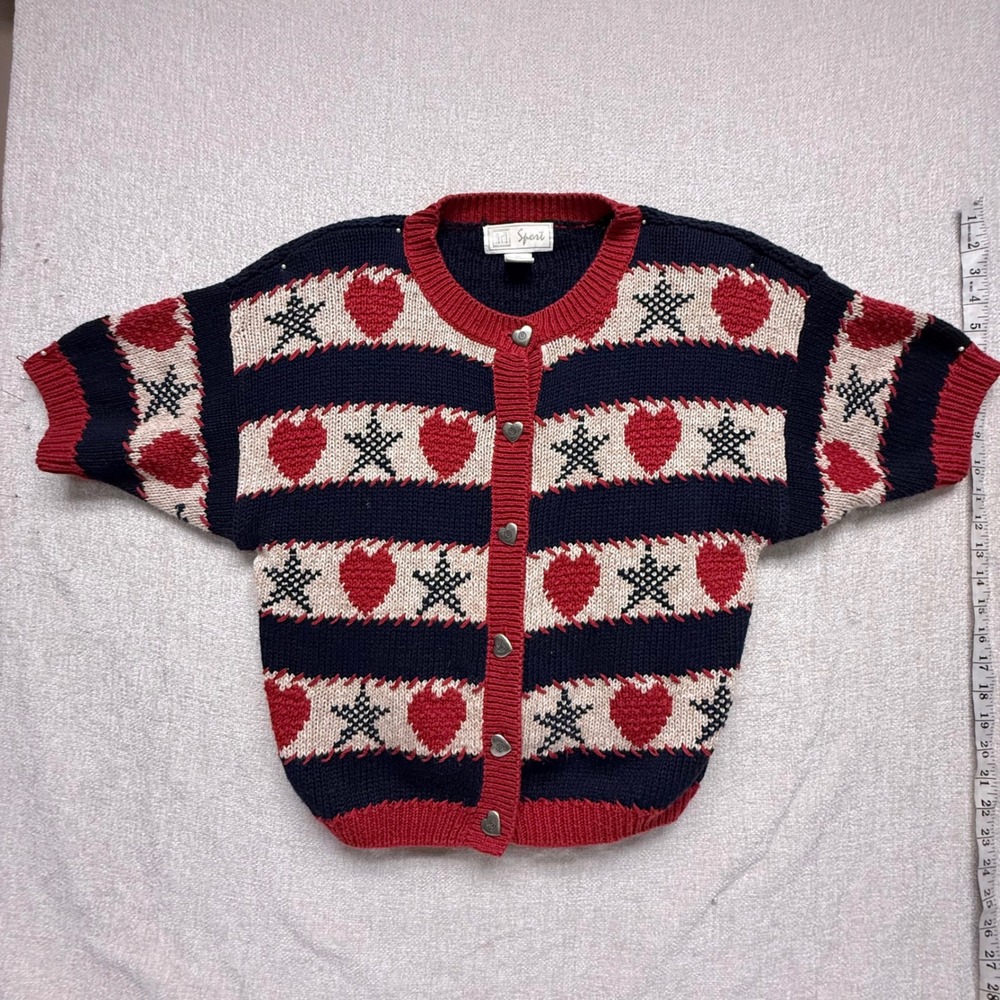 id Sport Vintage Heart Star Button Front Cardigan Navy Red White Style 2221 M